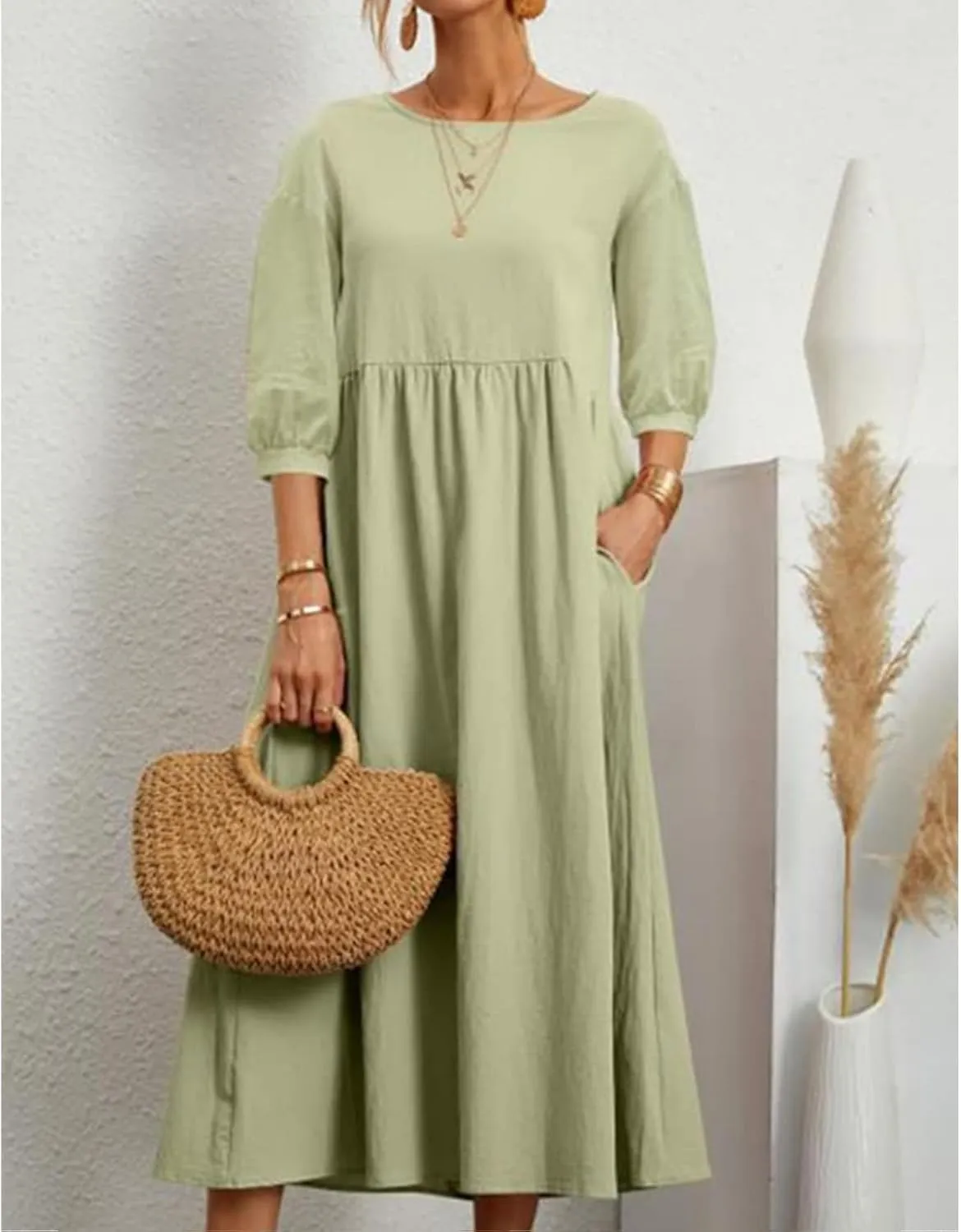 Womens Linen Dresses 3/4 Sleeves Maxi Casual Dress Crew Neck Solid Loose A-line Beach Vacation Dresses with Pockets