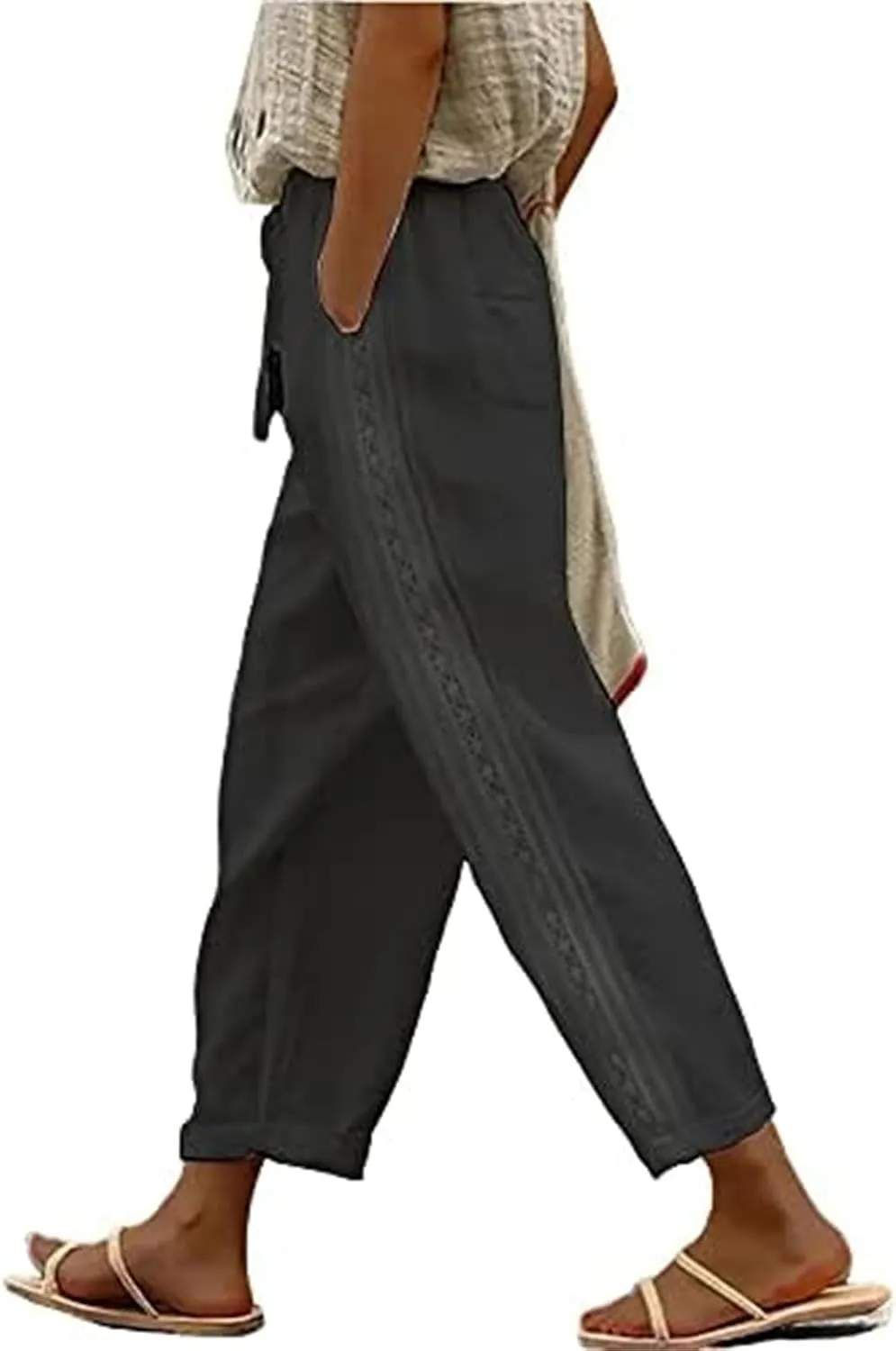 Womens Linen Pants Straight Leg Crop Pants Casual Drawstring Elastic Waist Boho Trousers Comfy Trousers with Pockets