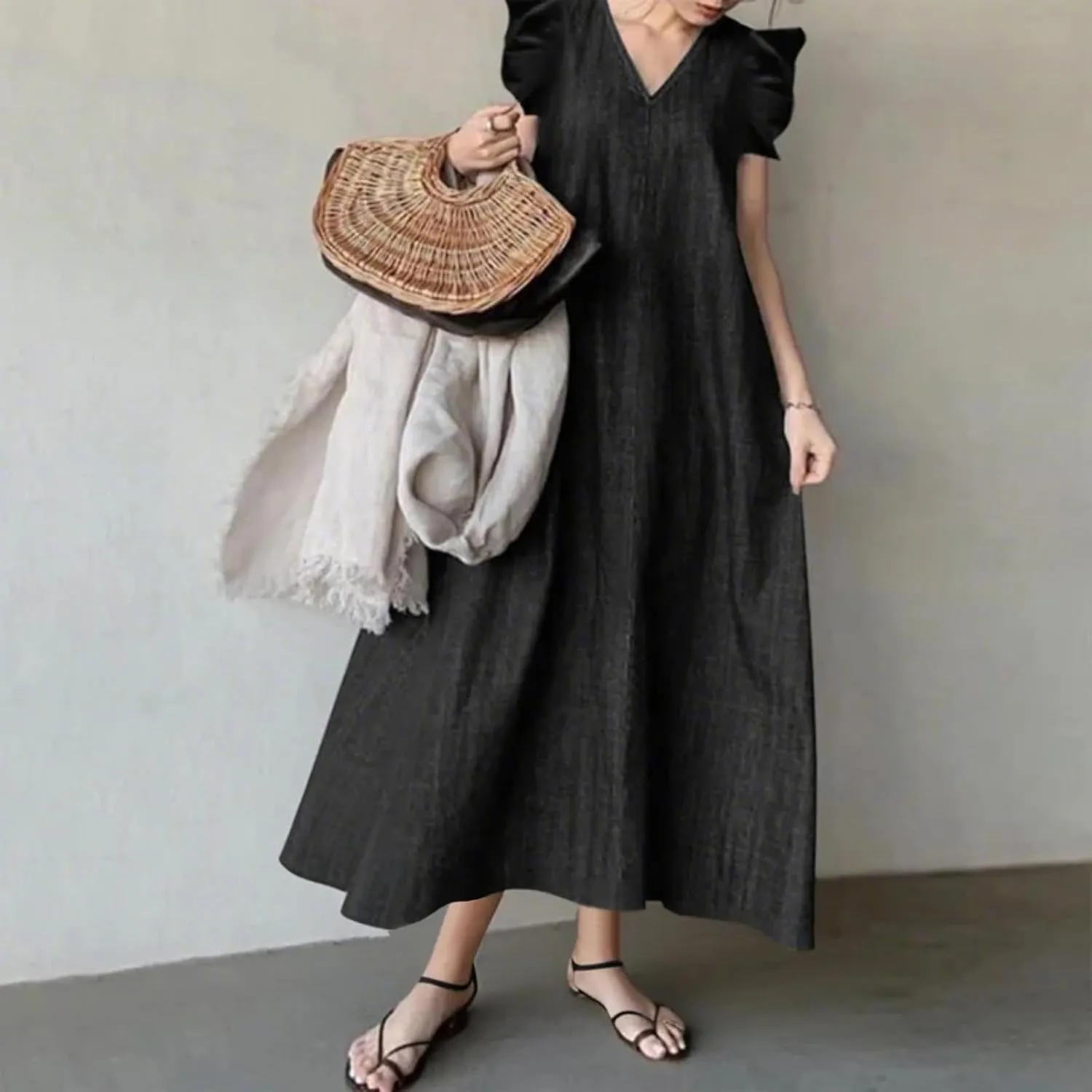 Womens Long Denim Dresses Casual V Neck Loose Swing Jean Sundress Ruffle Flutter Sleeve Maxi Dress for Travel
