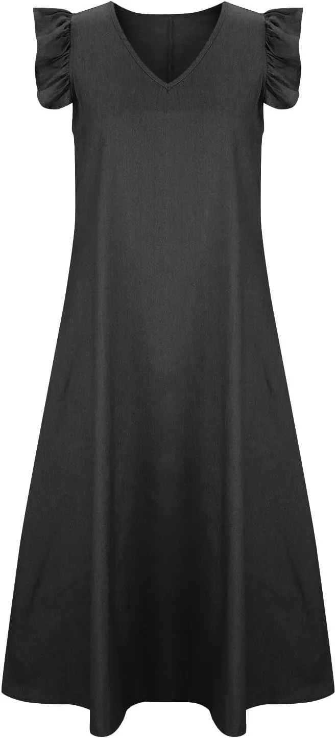 Womens Long Denim Dresses Casual V Neck Loose Swing Jean Sundress Ruffle Flutter Sleeve Maxi Dress for Travel