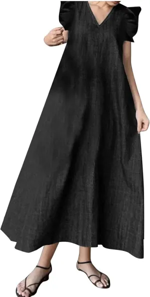 Womens Long Denim Dresses Casual V Neck Loose Swing Jean Sundress Ruffle Flutter Sleeve Maxi Dress for Travel