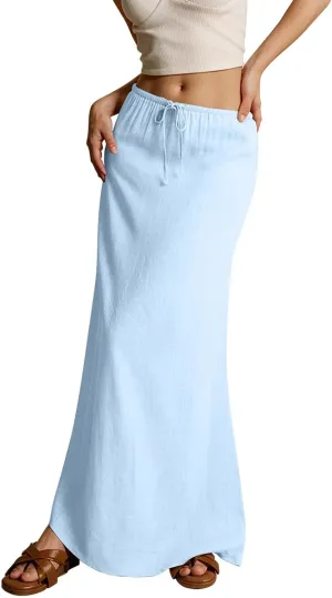 Women's Long Skirts 2025 Boho Summer Elastic Waist Solid Tie Athletic Maxi Skirt with Pockets Trendy, S-2XL