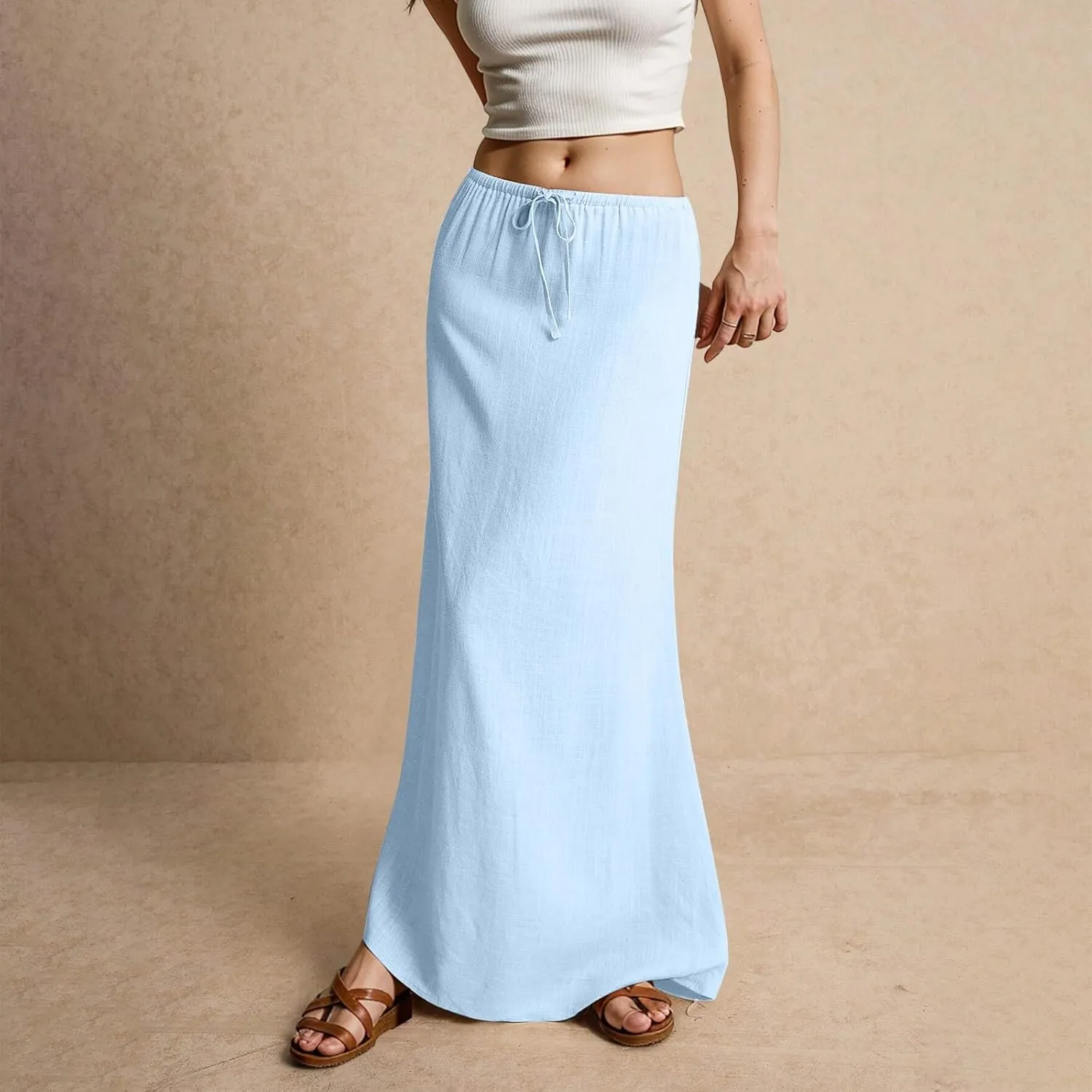 Women's Long Skirts 2025 Boho Summer Elastic Waist Solid Tie Athletic Maxi Skirt with Pockets Trendy, S-2XL