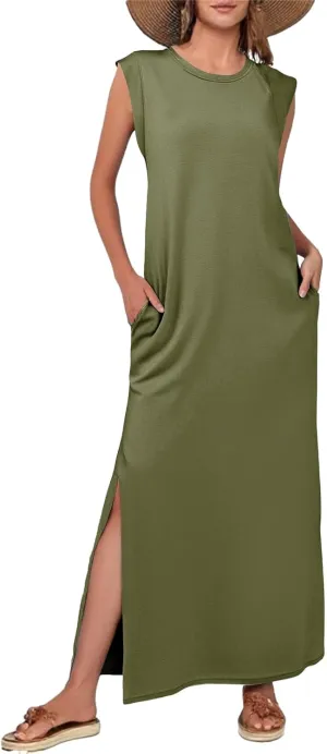 Womens Maxi Dress Summer Casual Sleeveless Sundress Crew Neck Long Dresses Split Wrinkle-Free Dresses with Pockets