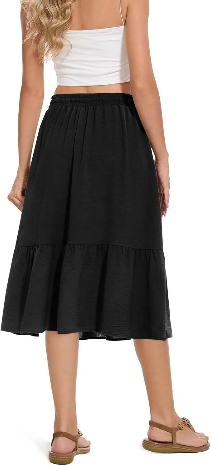 Women's Maxi Skirts Beach Elastic Waist Drawstring Tiered Flowy Chiffon Skirts Bohemian Vacation Layered Tulle Skirt