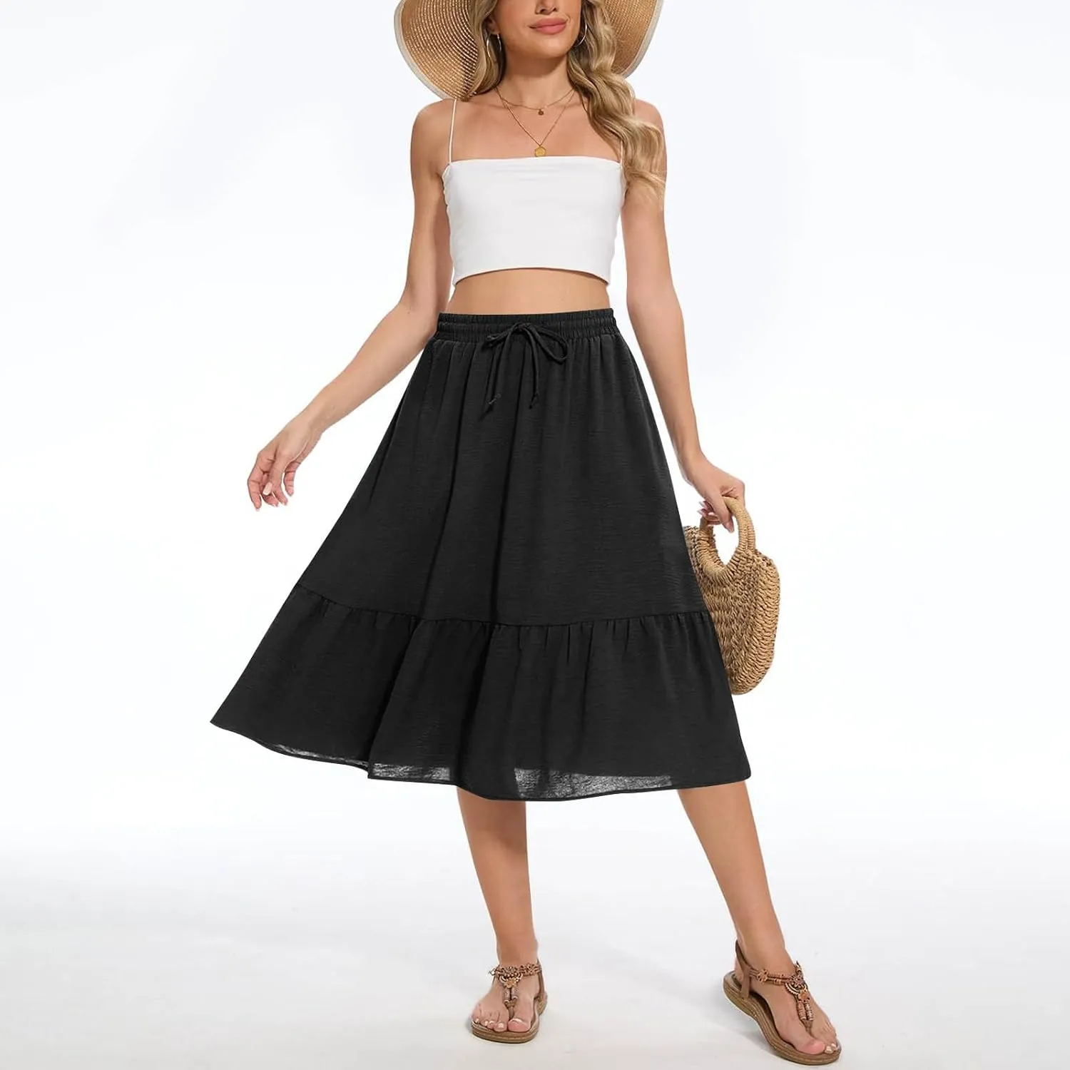 Women's Maxi Skirts Beach Elastic Waist Drawstring Tiered Flowy Chiffon Skirts Bohemian Vacation Layered Tulle Skirt