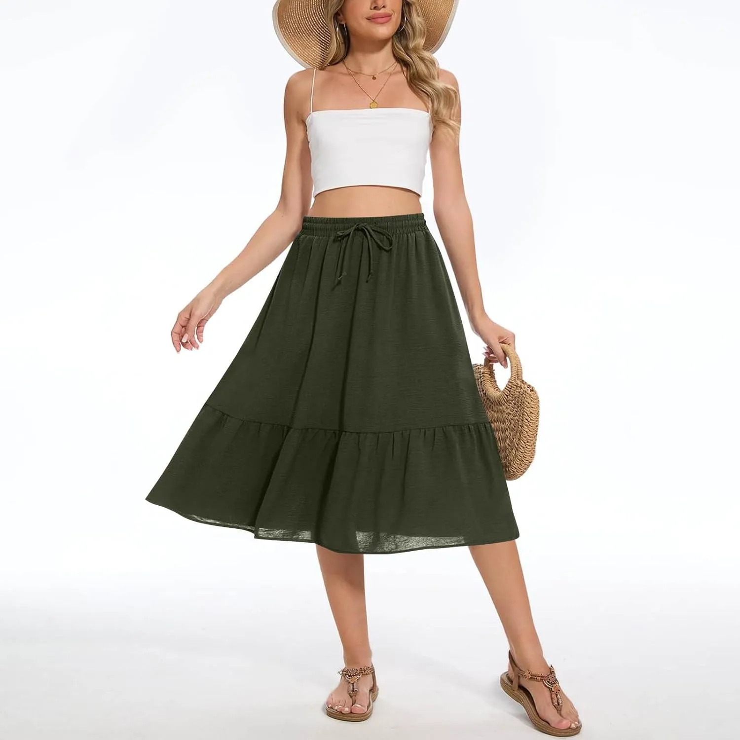 Women's Maxi Skirts Beach Elastic Waist Drawstring Tiered Flowy Chiffon Skirts Bohemian Vacation Layered Tulle Skirt
