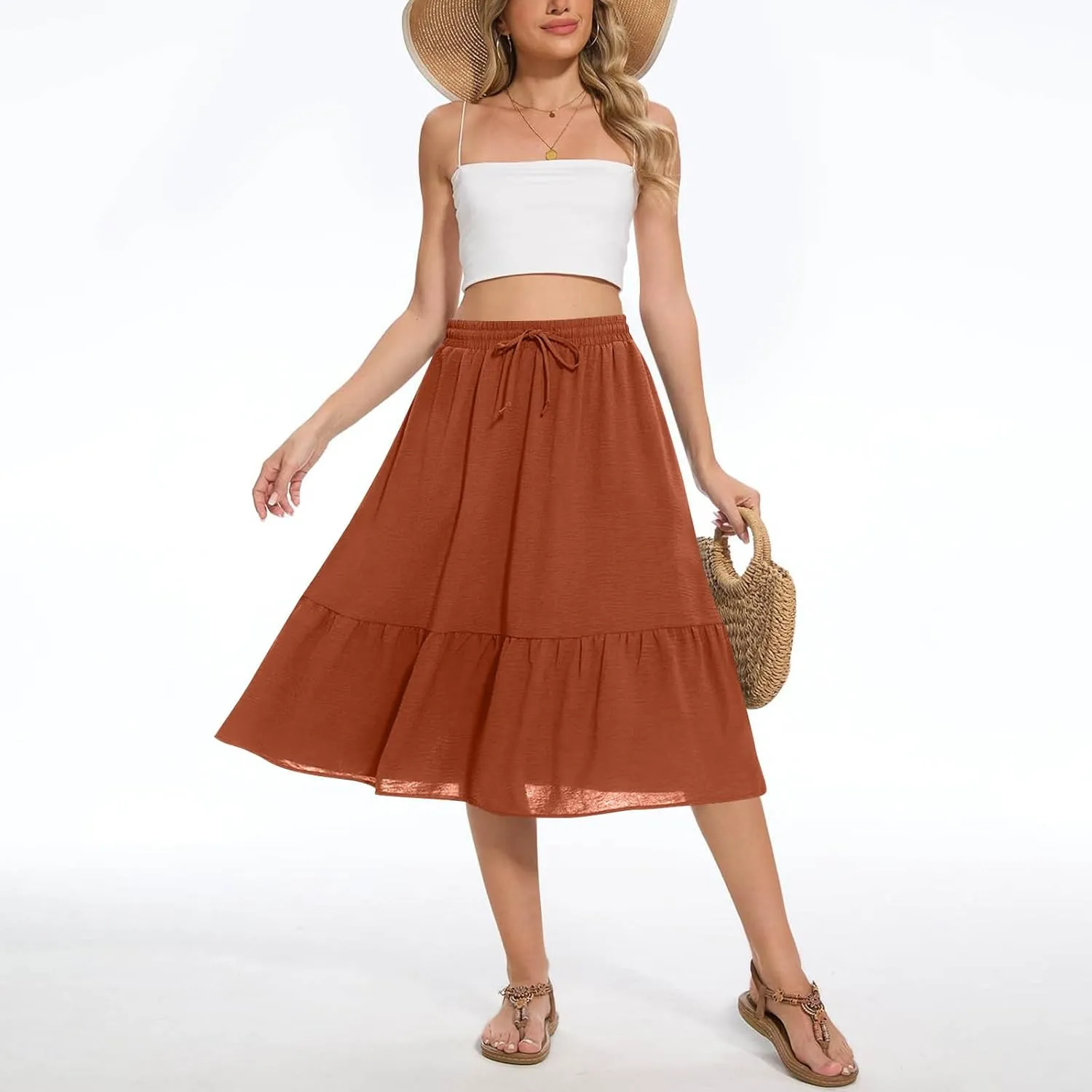 Women's Maxi Skirts Beach Elastic Waist Drawstring Tiered Flowy Chiffon Skirts Bohemian Vacation Layered Tulle Skirt