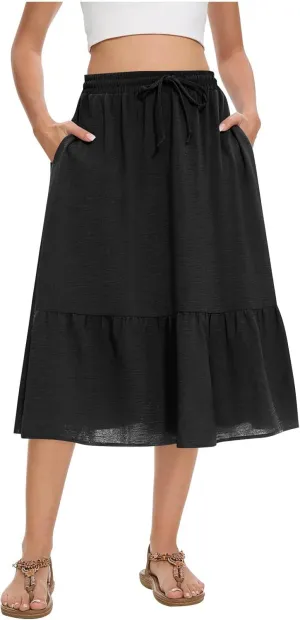 Women's Maxi Skirts Beach Elastic Waist Drawstring Tiered Flowy Chiffon Skirts Bohemian Vacation Layered Tulle Skirt