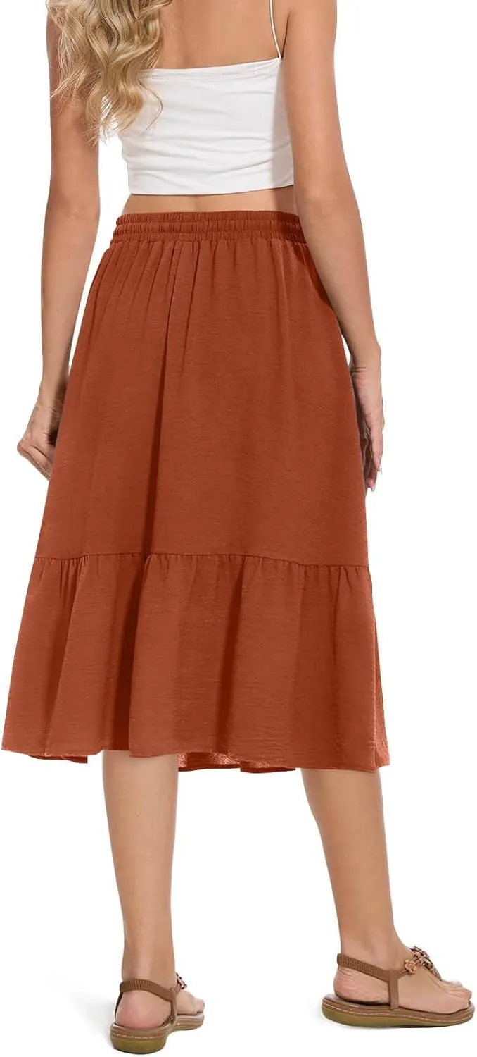 Women's Maxi Skirts Beach Elastic Waist Drawstring Tiered Flowy Chiffon Skirts Bohemian Vacation Layered Tulle Skirt