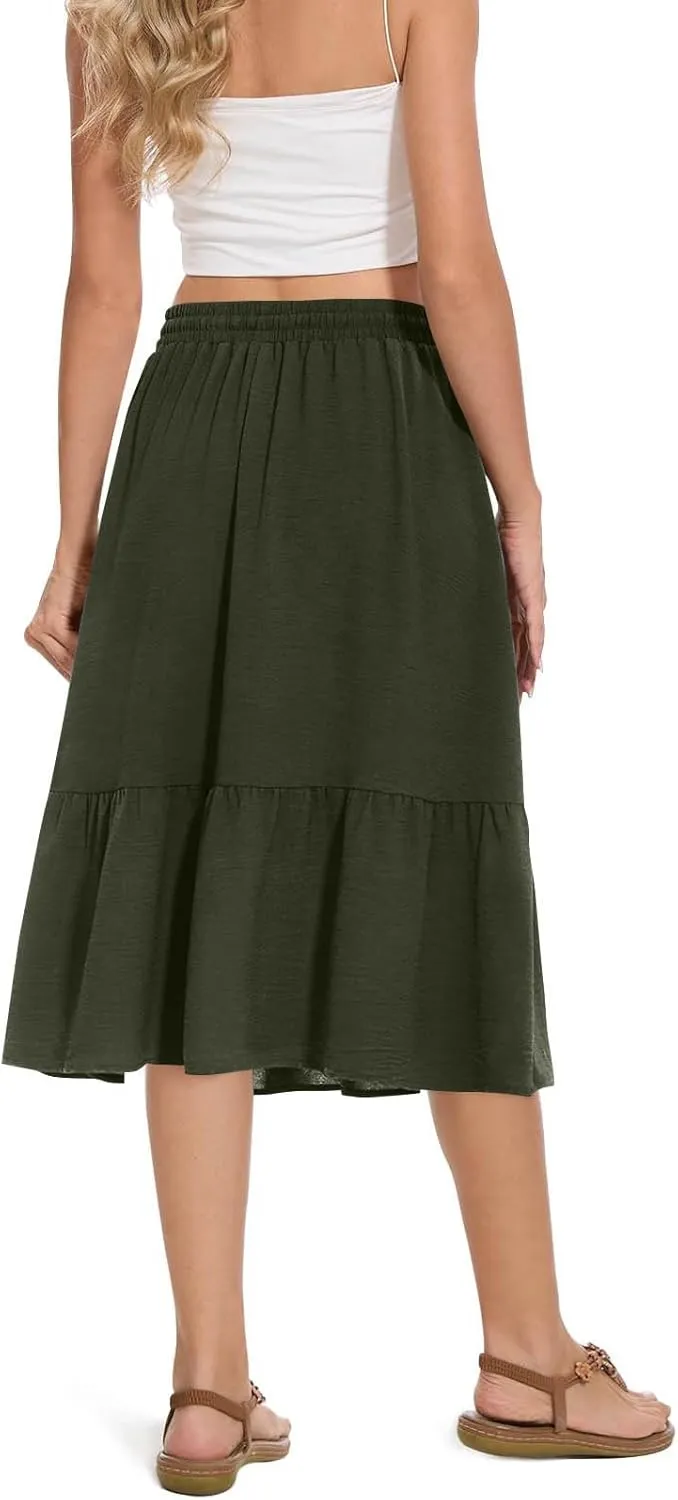 Women's Maxi Skirts Beach Elastic Waist Drawstring Tiered Flowy Chiffon Skirts Bohemian Vacation Layered Tulle Skirt
