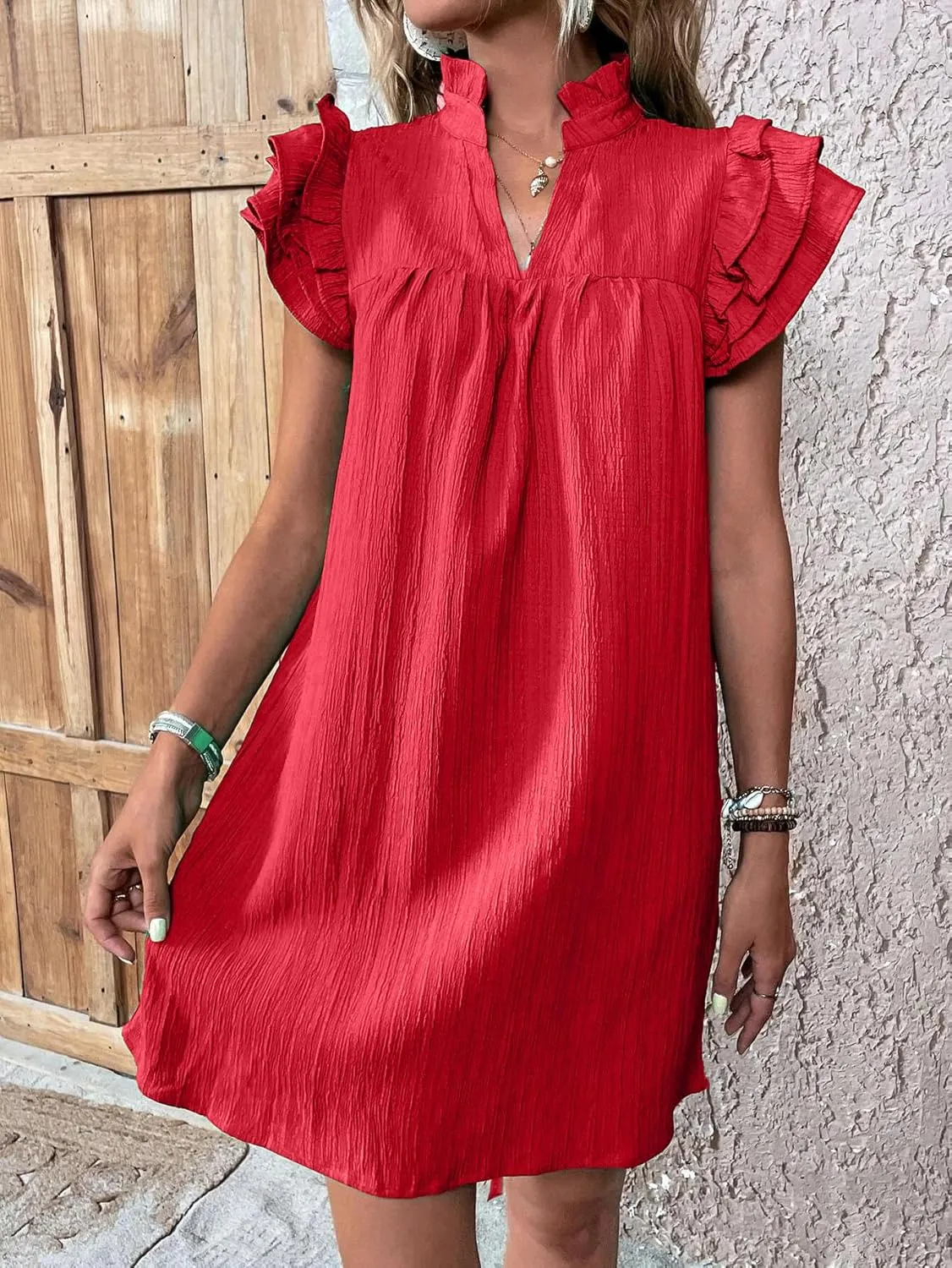 Womens Mini Dress Summer Ruffle Short Sleeve V Neck Dress Loose Solid Color Party Dresses Fashion Basic Beach Dresses