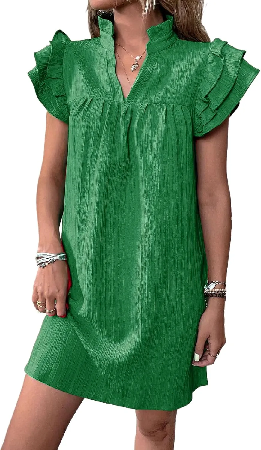 Womens Mini Dress Summer Ruffle Short Sleeve V Neck Dress Loose Solid Color Party Dresses Fashion Basic Beach Dresses