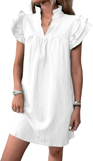 Womens Mini Dress Summer Ruffle Short Sleeve V Neck Dress Loose Solid Color Party Dresses Fashion Basic Beach Dresses