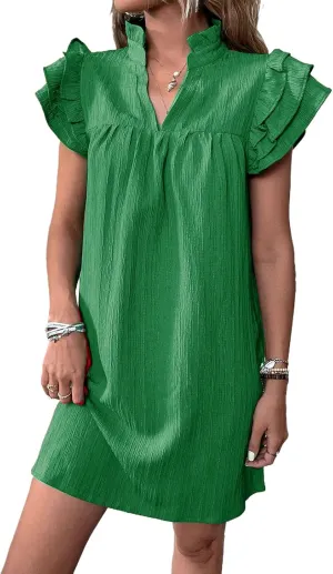 Womens Mini Dress Summer Ruffle Short Sleeve V Neck Dress Loose Solid Color Party Dresses Fashion Basic Beach Dresses