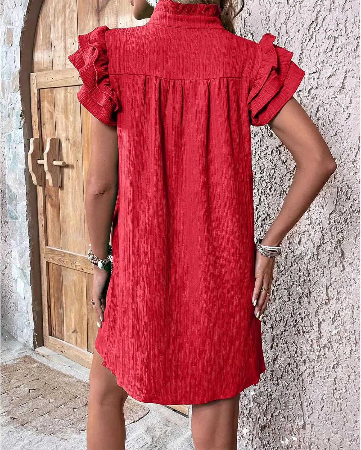 Womens Mini Dress Summer Ruffle Short Sleeve V Neck Dress Loose Solid Color Party Dresses Fashion Basic Beach Dresses