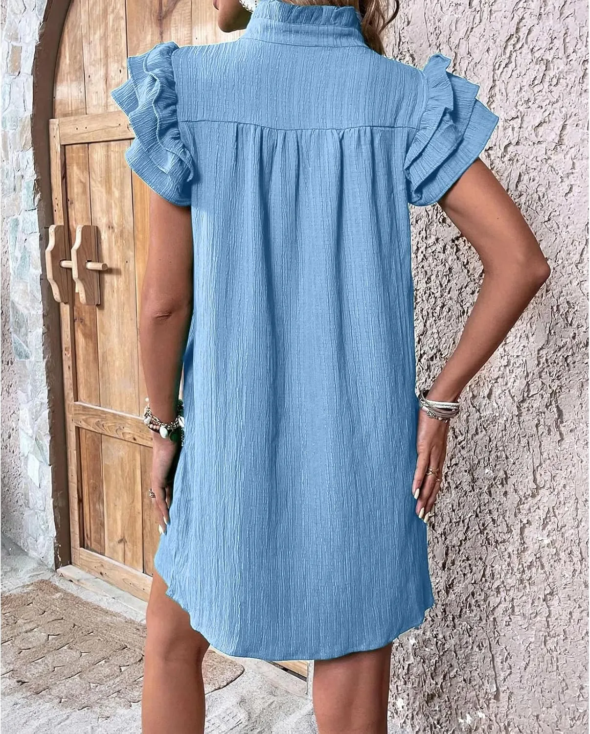 Womens Mini Dress Summer Ruffle Short Sleeve V Neck Dress Loose Solid Color Party Dresses Fashion Basic Beach Dresses
