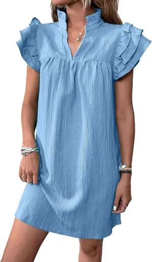 Womens Mini Dress Summer Ruffle Short Sleeve V Neck Dress Loose Solid Color Party Dresses Fashion Basic Beach Dresses