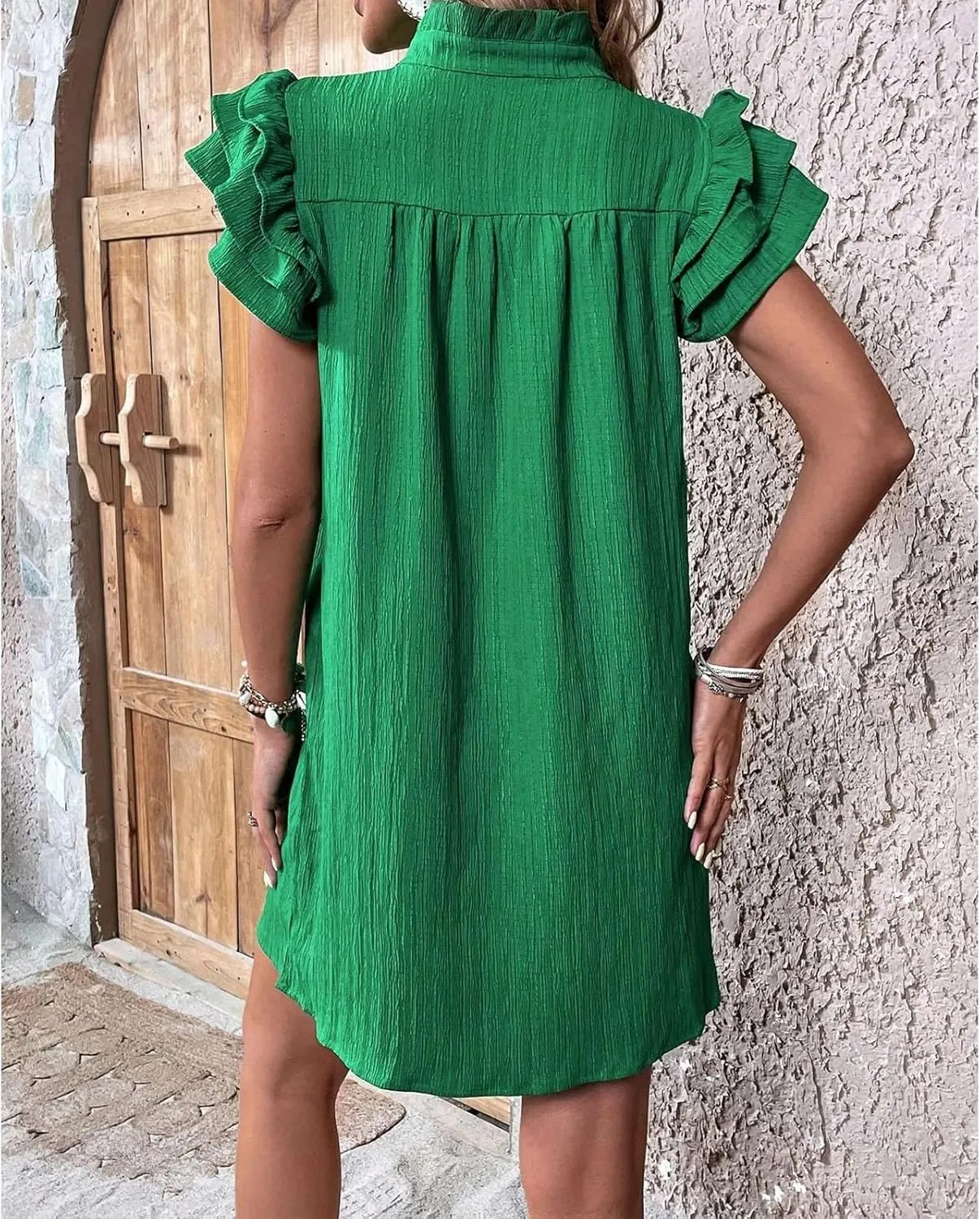 Womens Mini Dress Summer Ruffle Short Sleeve V Neck Dress Loose Solid Color Party Dresses Fashion Basic Beach Dresses