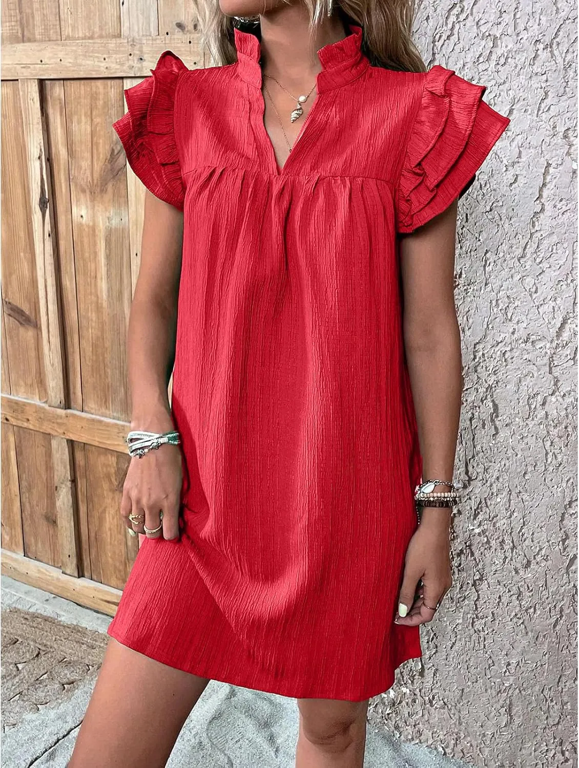Womens Mini Dress Summer Ruffle Short Sleeve V Neck Dress Loose Solid Color Party Dresses Fashion Basic Beach Dresses