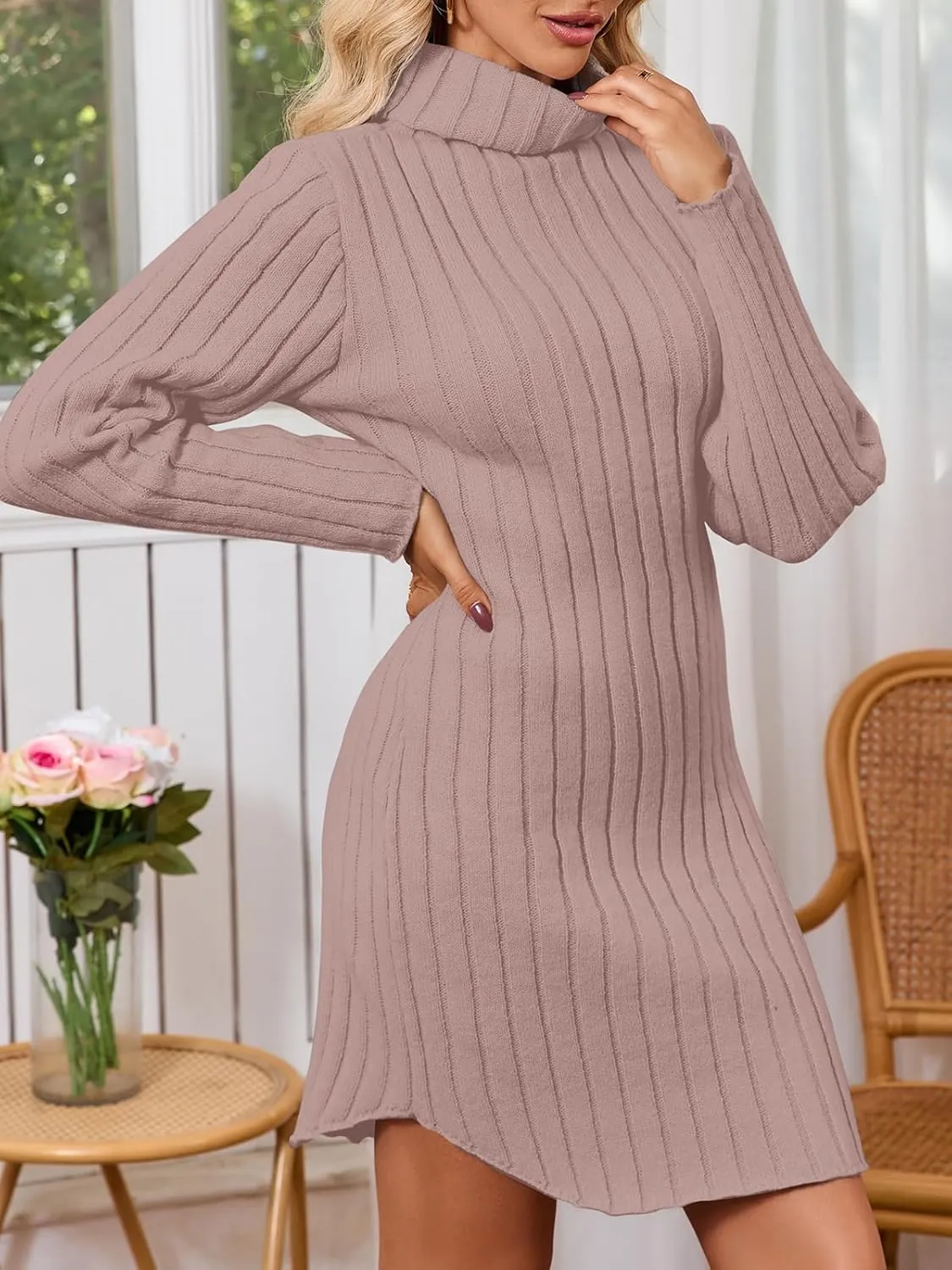 Women's Mock Neck Ribbed Long Sleeve 2025 Spring Bodycon Pullover Cute Mini Sweater Dress Party Club Dress