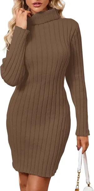 Women's Mock Neck Ribbed Long Sleeve 2025 Spring Bodycon Pullover Cute Mini Sweater Dress Party Club Dress