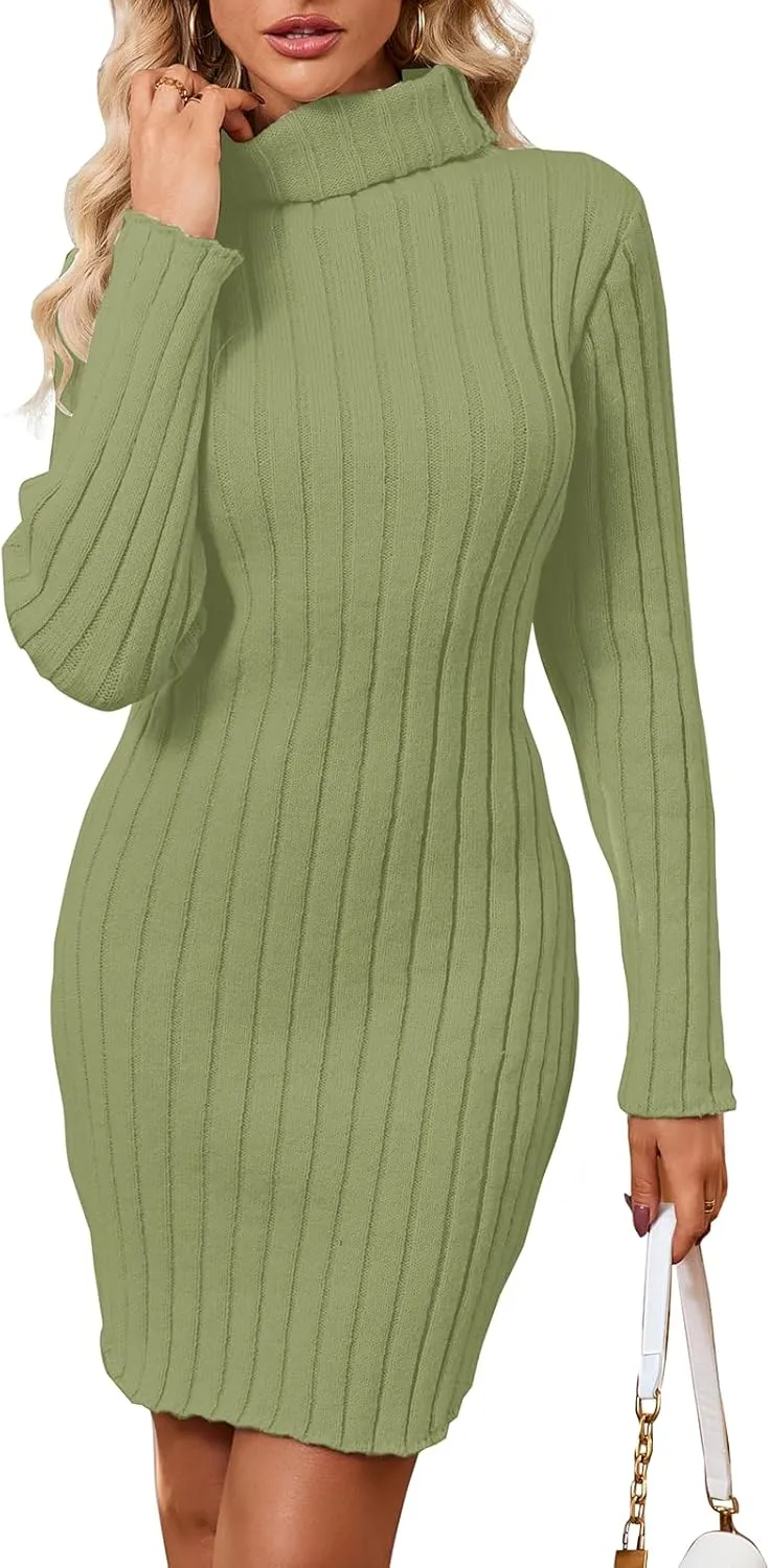 Women's Mock Neck Ribbed Long Sleeve 2025 Spring Bodycon Pullover Cute Mini Sweater Dress Party Club Dress