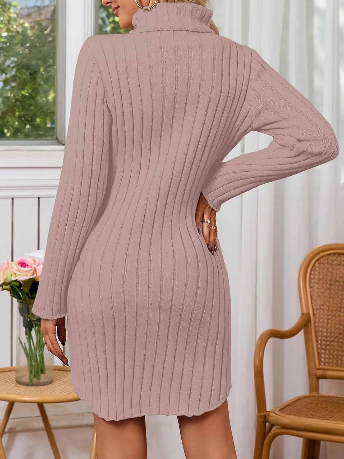 Women's Mock Neck Ribbed Long Sleeve 2025 Spring Bodycon Pullover Cute Mini Sweater Dress Party Club Dress