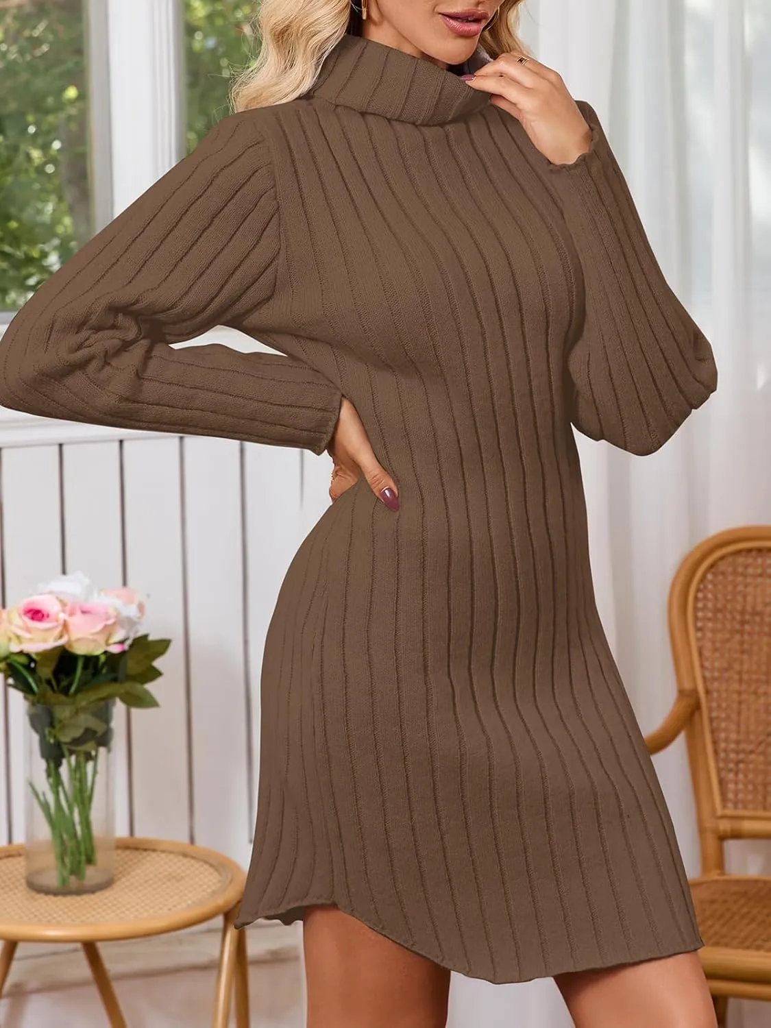 Women's Mock Neck Ribbed Long Sleeve 2025 Spring Bodycon Pullover Cute Mini Sweater Dress Party Club Dress
