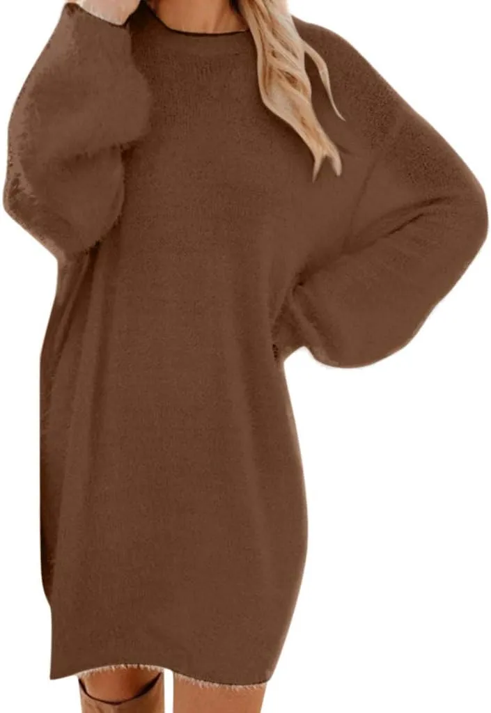 Women's Mock Sweater Dress Trendy Crewneck Long Sleeve A Line Flowy Casual 2024 Fall Fashion Ribbed Knit Sweater