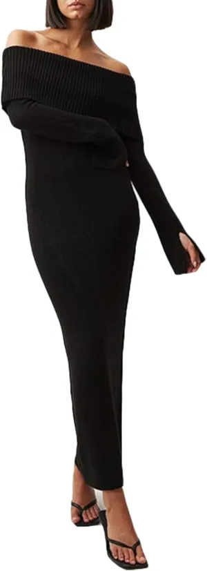 Women's Off The Shoulder Bodycon Sweater Dress Long Sleeve Elegant Ribbed Cocktail Formal Fall Knit Maxi Dress