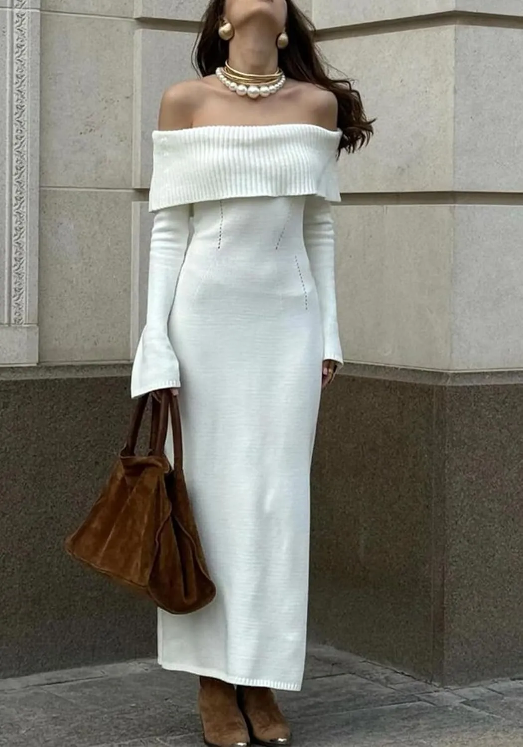 Women's Off The Shoulder Bodycon Sweater Dress Long Sleeve Elegant Ribbed Cocktail Formal Fall Knit Maxi Dress