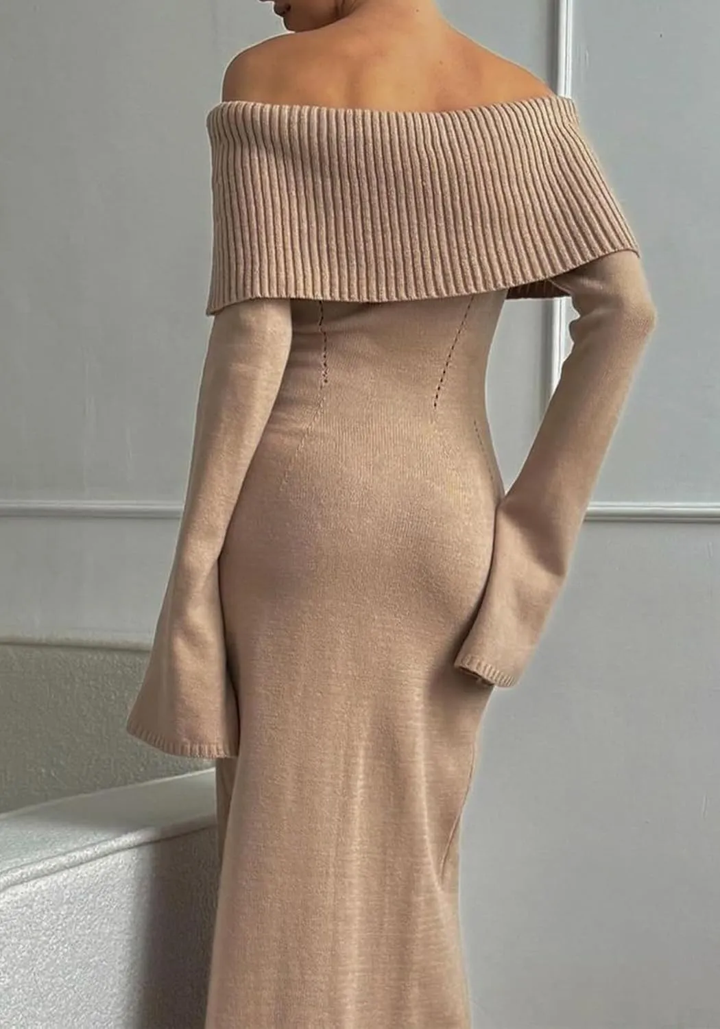 Women's Off The Shoulder Bodycon Sweater Dress Long Sleeve Elegant Ribbed Cocktail Formal Fall Knit Maxi Dress