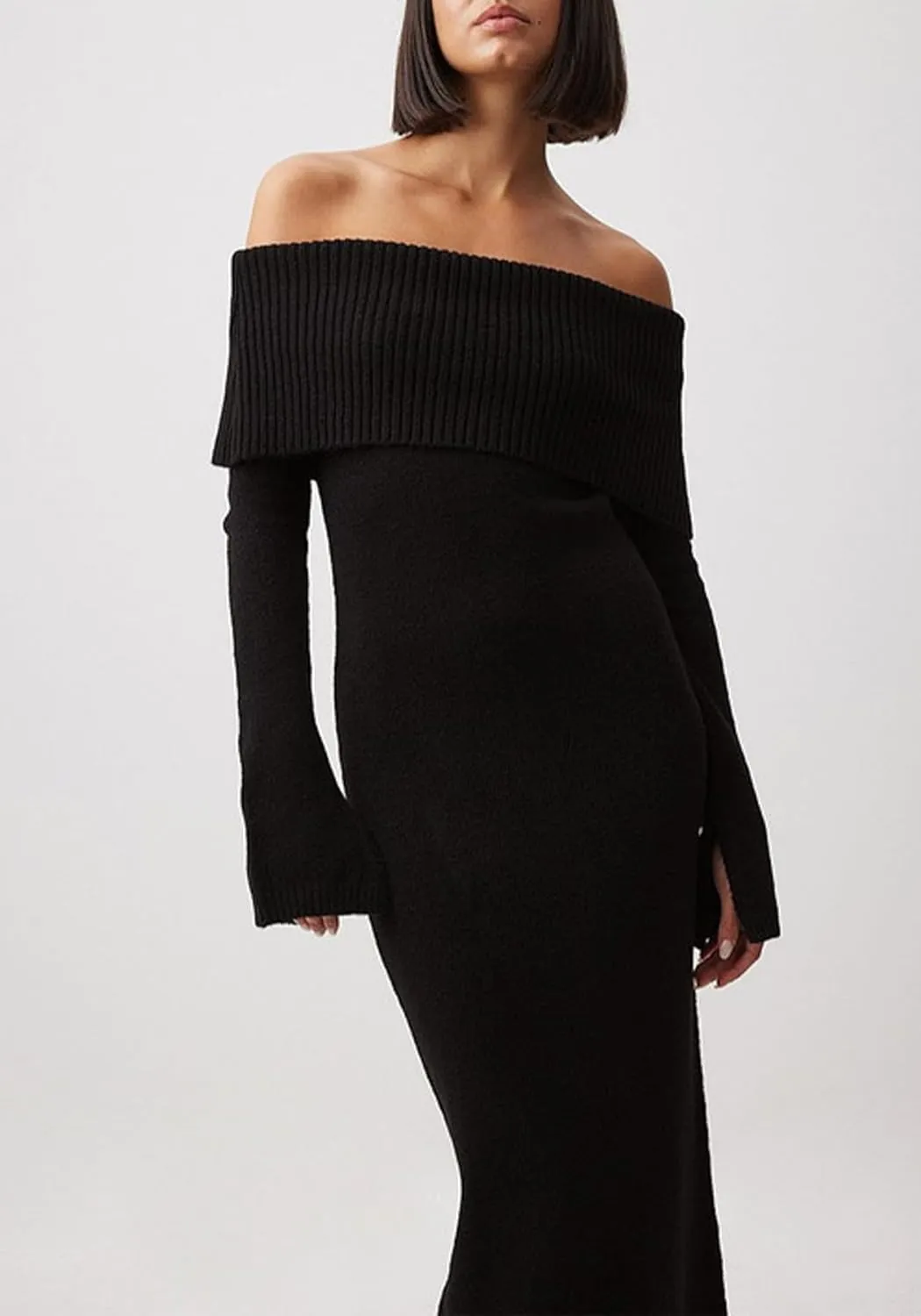 Women's Off The Shoulder Bodycon Sweater Dress Long Sleeve Elegant Ribbed Cocktail Formal Fall Knit Maxi Dress