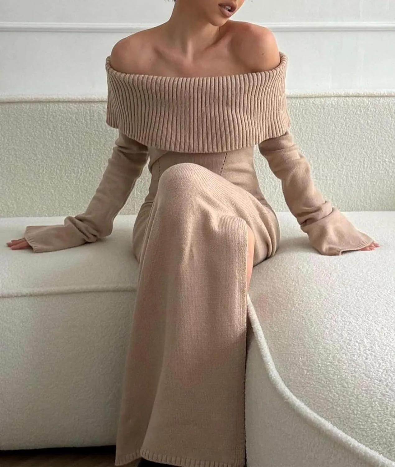 Women's Off The Shoulder Bodycon Sweater Dress Long Sleeve Elegant Ribbed Cocktail Formal Fall Knit Maxi Dress