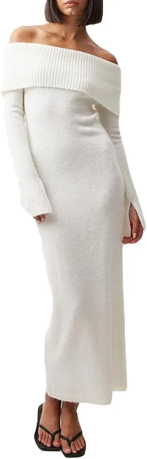 Women's Off The Shoulder Bodycon Sweater Dress Long Sleeve Elegant Ribbed Cocktail Formal Fall Knit Maxi Dress