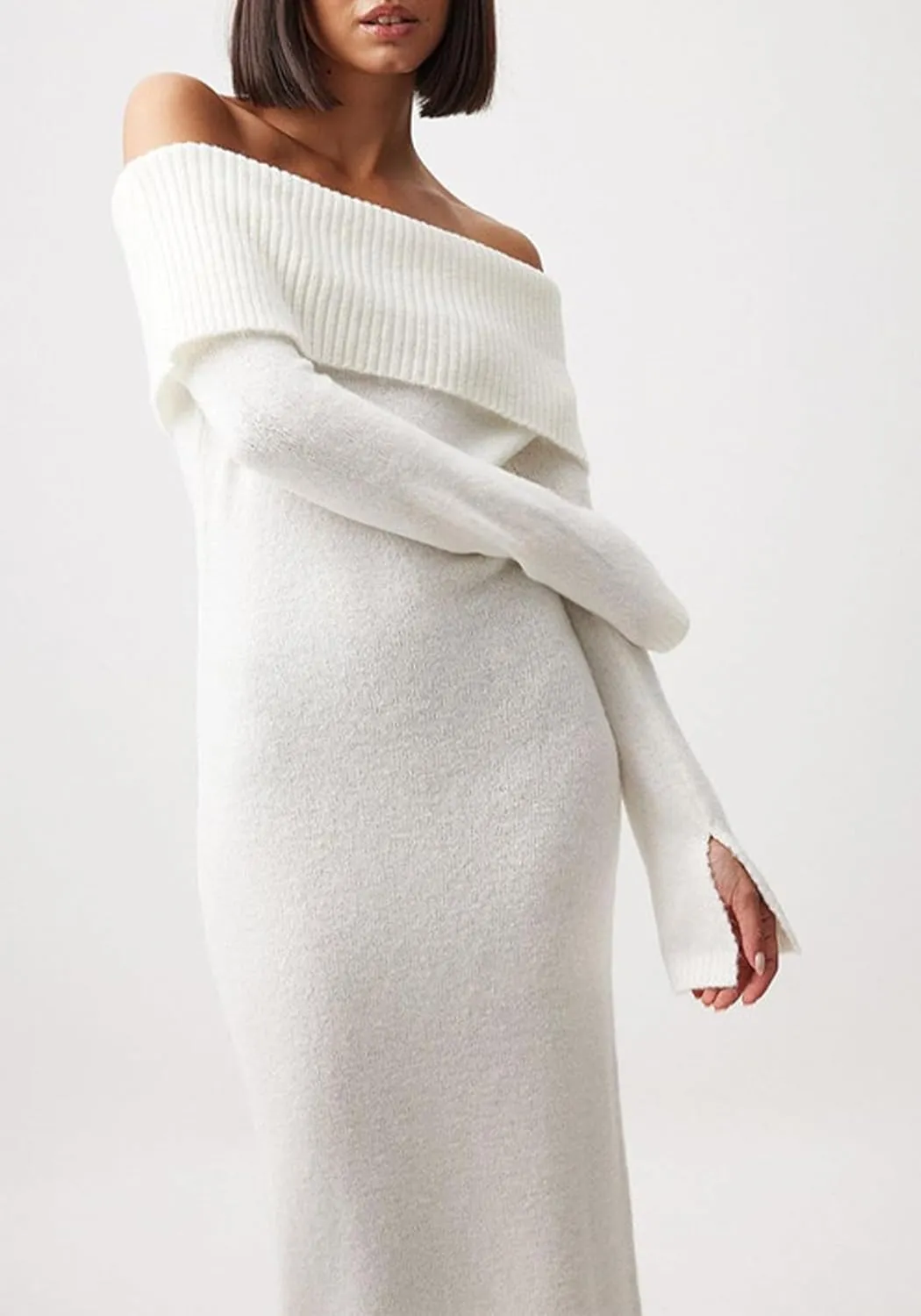 Women's Off The Shoulder Bodycon Sweater Dress Long Sleeve Elegant Ribbed Cocktail Formal Fall Knit Maxi Dress