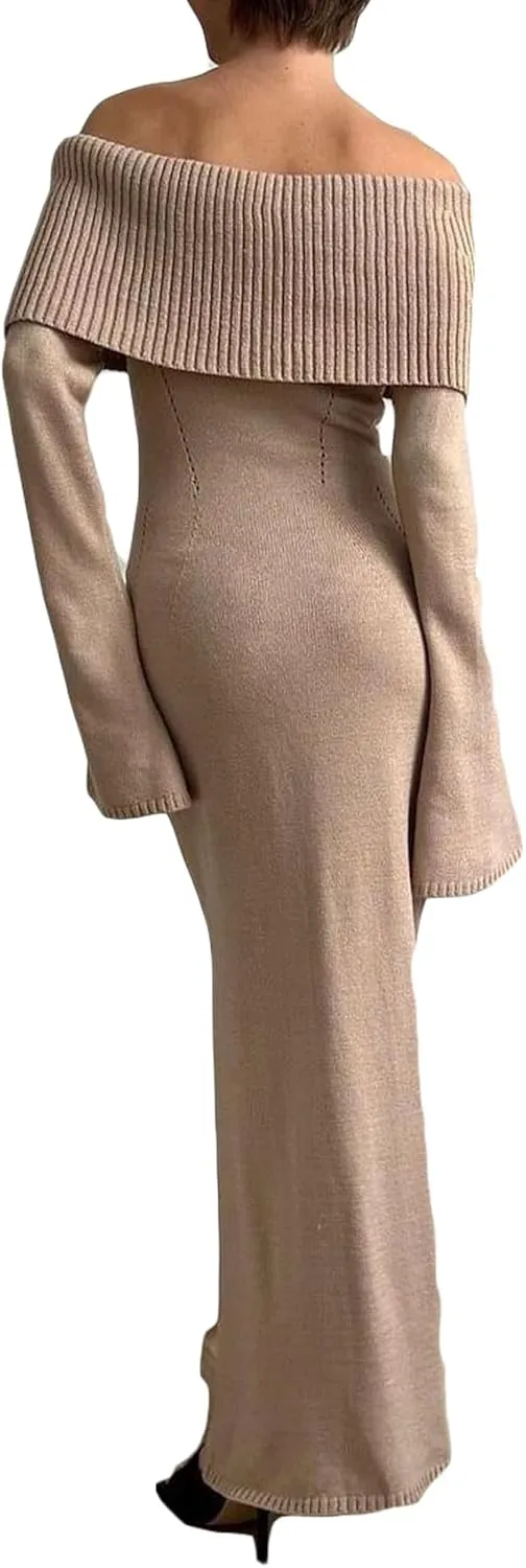 Women's Off The Shoulder Bodycon Sweater Dress Long Sleeve Elegant Ribbed Cocktail Formal Fall Knit Maxi Dress