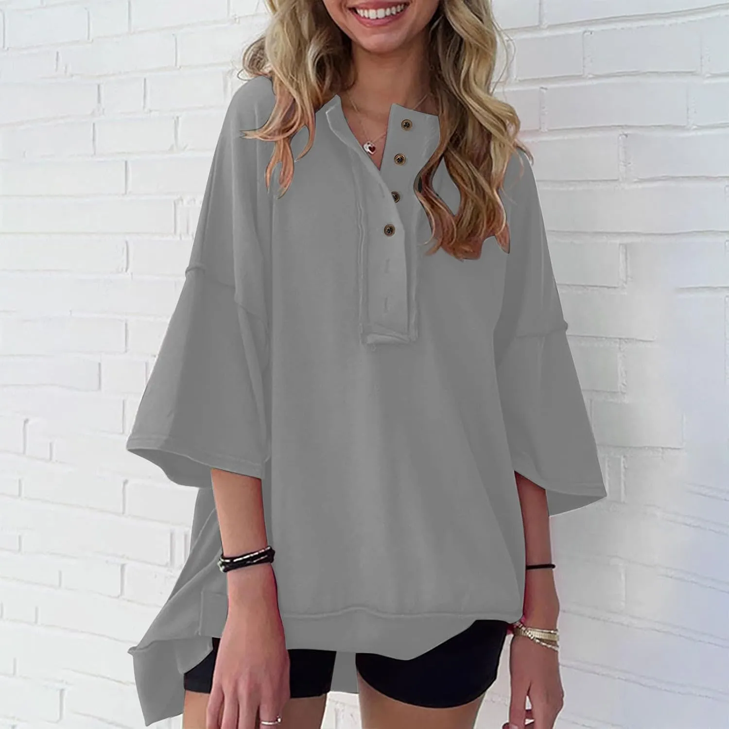 Womens Oversized Sweatshirts 3/4 Length Sleeve Crewneck Pullover Top Drop Shoulder Tees Casual High Low Tunic Tops