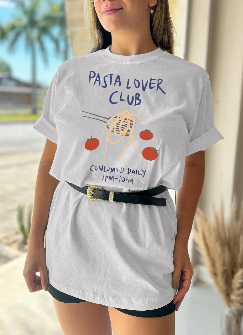 Women's Pasta Lover Club Print tee Casual Baggy T Shirt Oversized Short Sleeve Crew Neck Tops