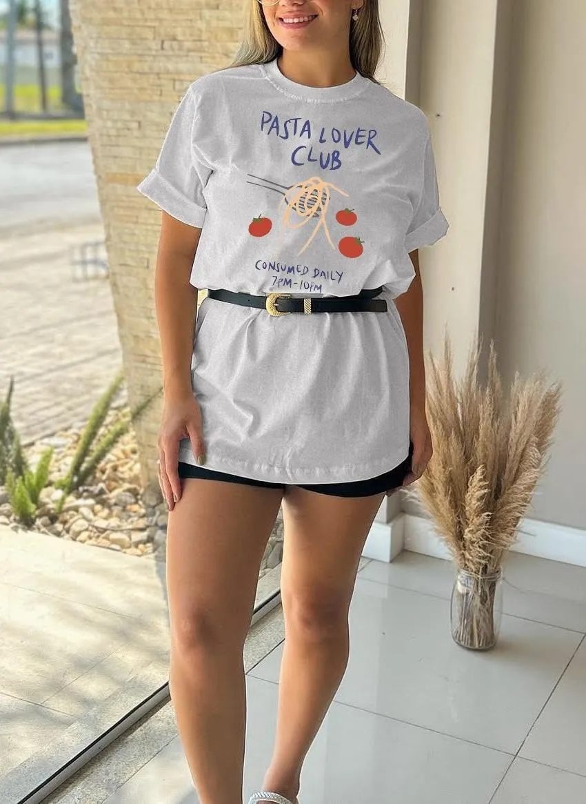 Women's Pasta Lover Club Print tee Casual Baggy T Shirt Oversized Short Sleeve Crew Neck Tops
