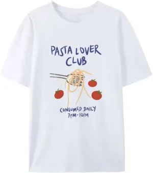 Women's Pasta Lover Club Print tee Casual Baggy T Shirt Oversized Short Sleeve Crew Neck Tops