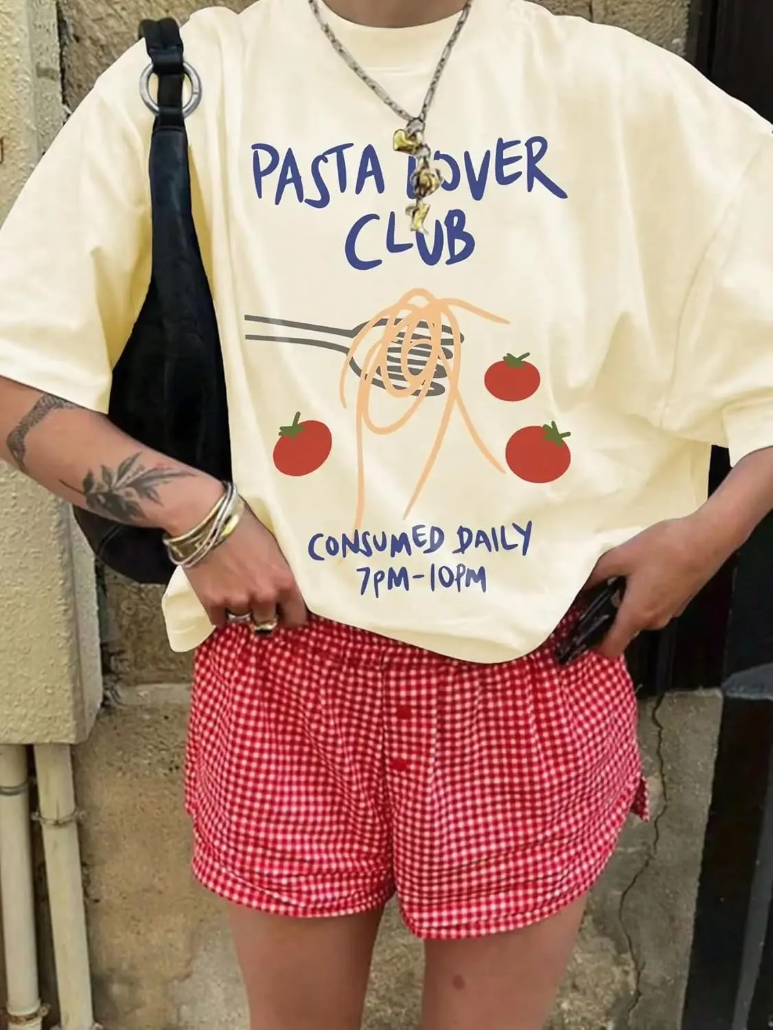 Women's Pasta Lover Club Print tee Casual Baggy T Shirt Oversized Short Sleeve Crew Neck Tops