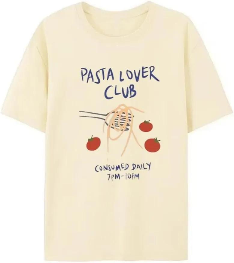 Women's Pasta Lover Club Print tee Casual Baggy T Shirt Oversized Short Sleeve Crew Neck Tops