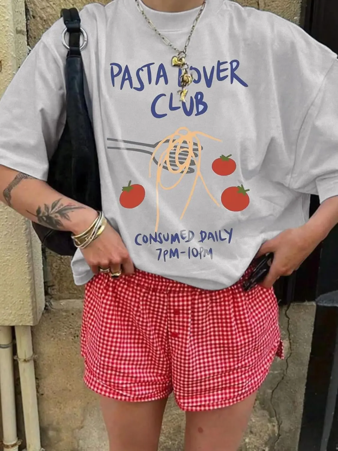 Women's Pasta Lover Club Print tee Casual Baggy T Shirt Oversized Short Sleeve Crew Neck Tops