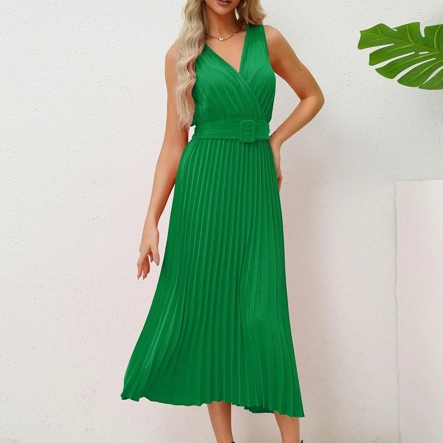 Womens Pleated Flowy Long Dress Belted A-Line Dress Summer Vacation Beach Long Dress Wedding Gueste Party Dresses
