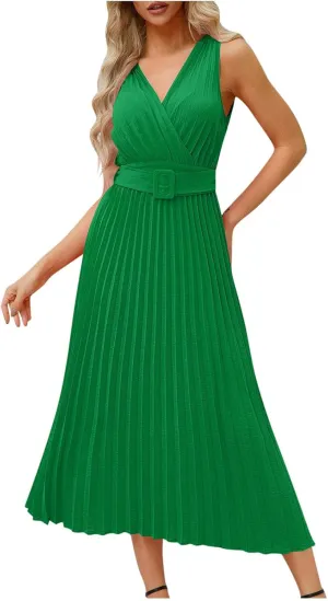 Womens Pleated Flowy Long Dress Belted A-Line Dress Summer Vacation Beach Long Dress Wedding Gueste Party Dresses