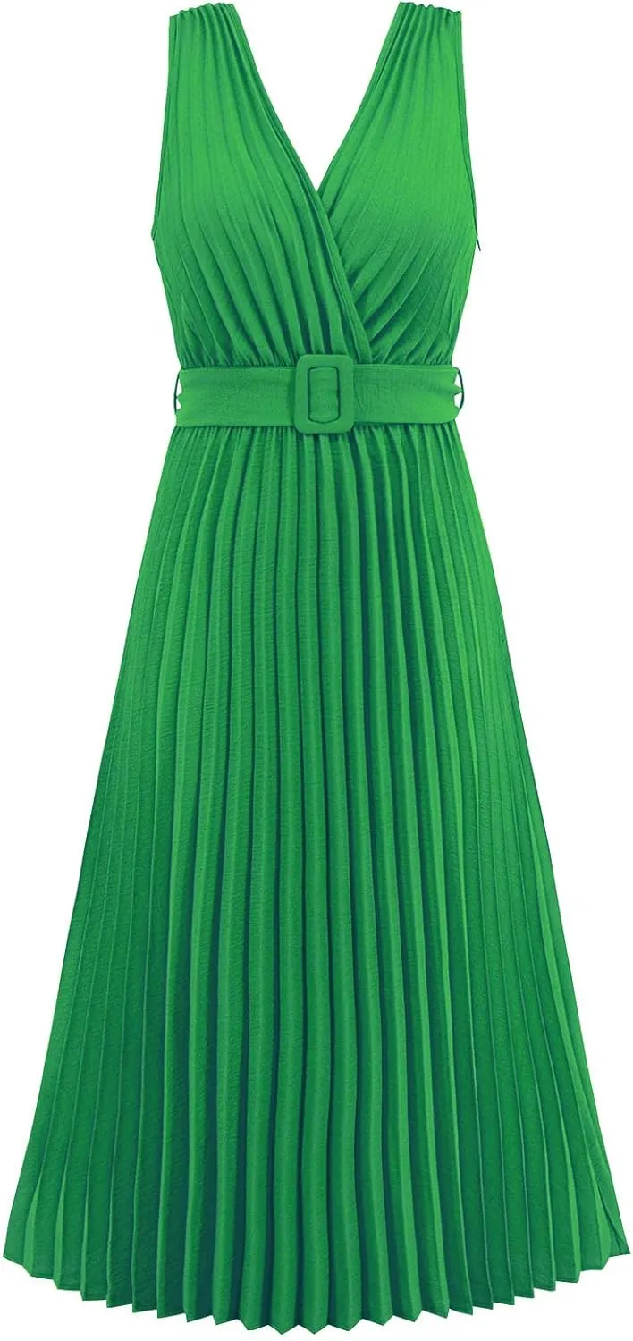 Womens Pleated Flowy Long Dress Belted A-Line Dress Summer Vacation Beach Long Dress Wedding Gueste Party Dresses