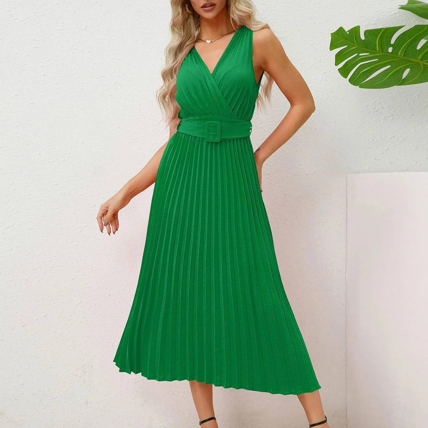 Womens Pleated Flowy Long Dress Belted A-Line Dress Summer Vacation Beach Long Dress Wedding Gueste Party Dresses