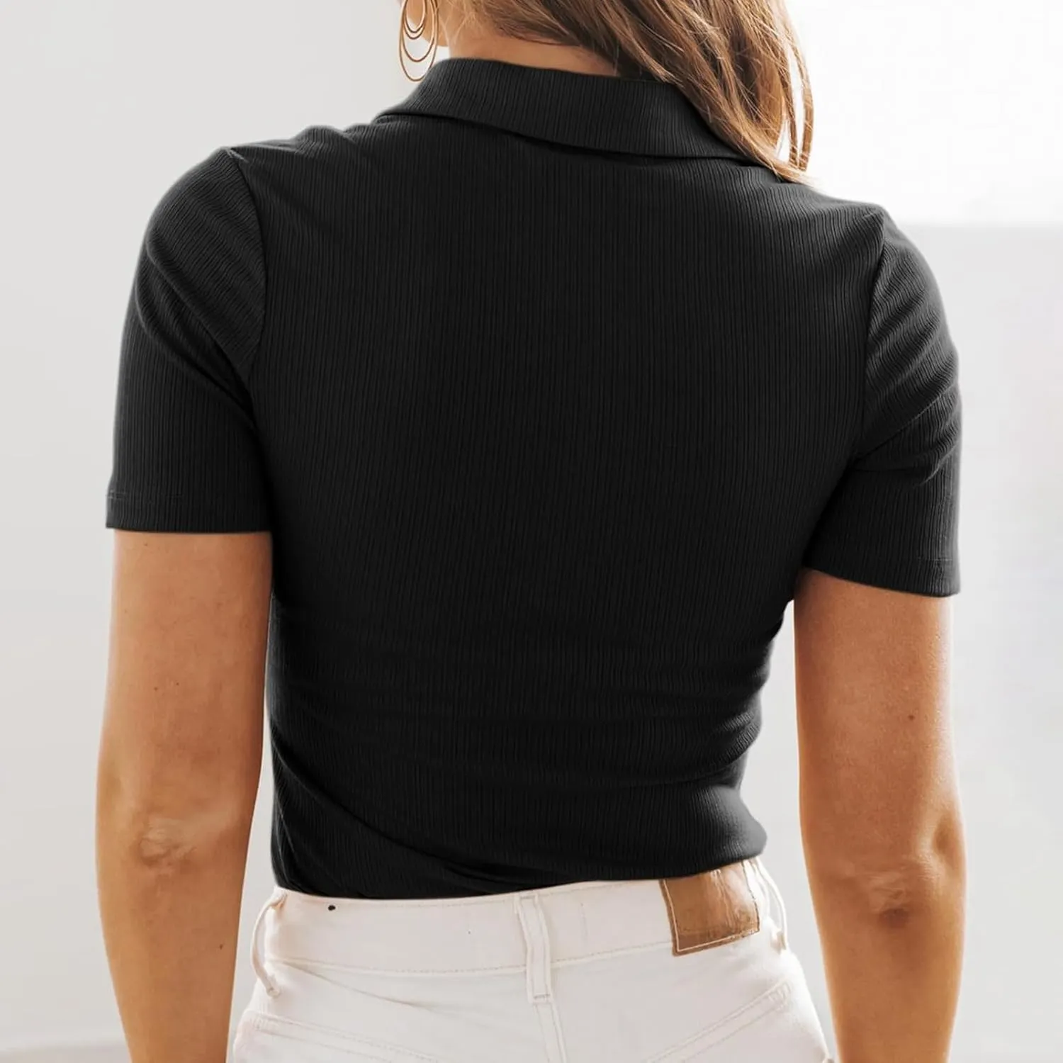 Womens Polo Shirts Fashion Short Sleeve V Neck T Shirt Slim Fitted Ribbed Knit Casual Tee Tops Summer Business Tshirt